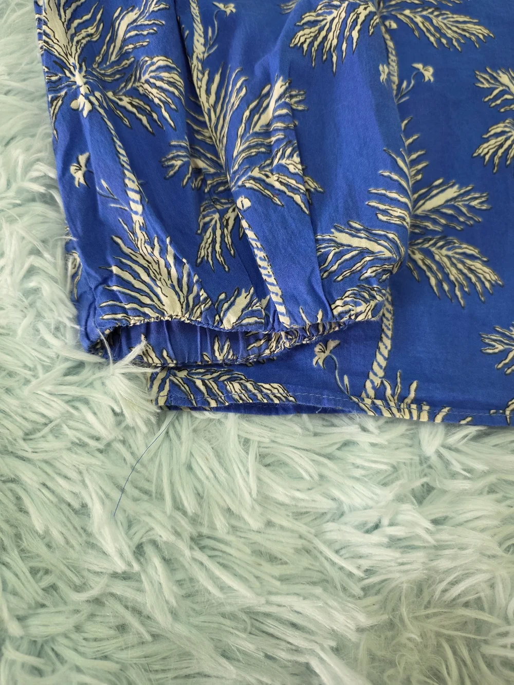 Zara Blue‎ Palm Tree Print Blouse ZW Collection Size S Puff Sleeve Button Up Top